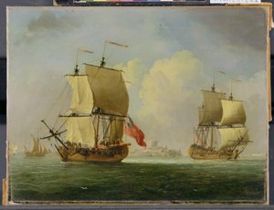 Un sloop inglese e una fregata in una leggera brezza